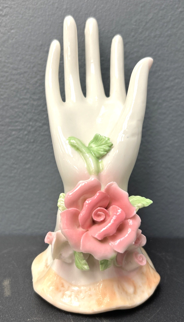 K's Collection Porcelain Hand Pink Rose Jewelry Ring Display Holder